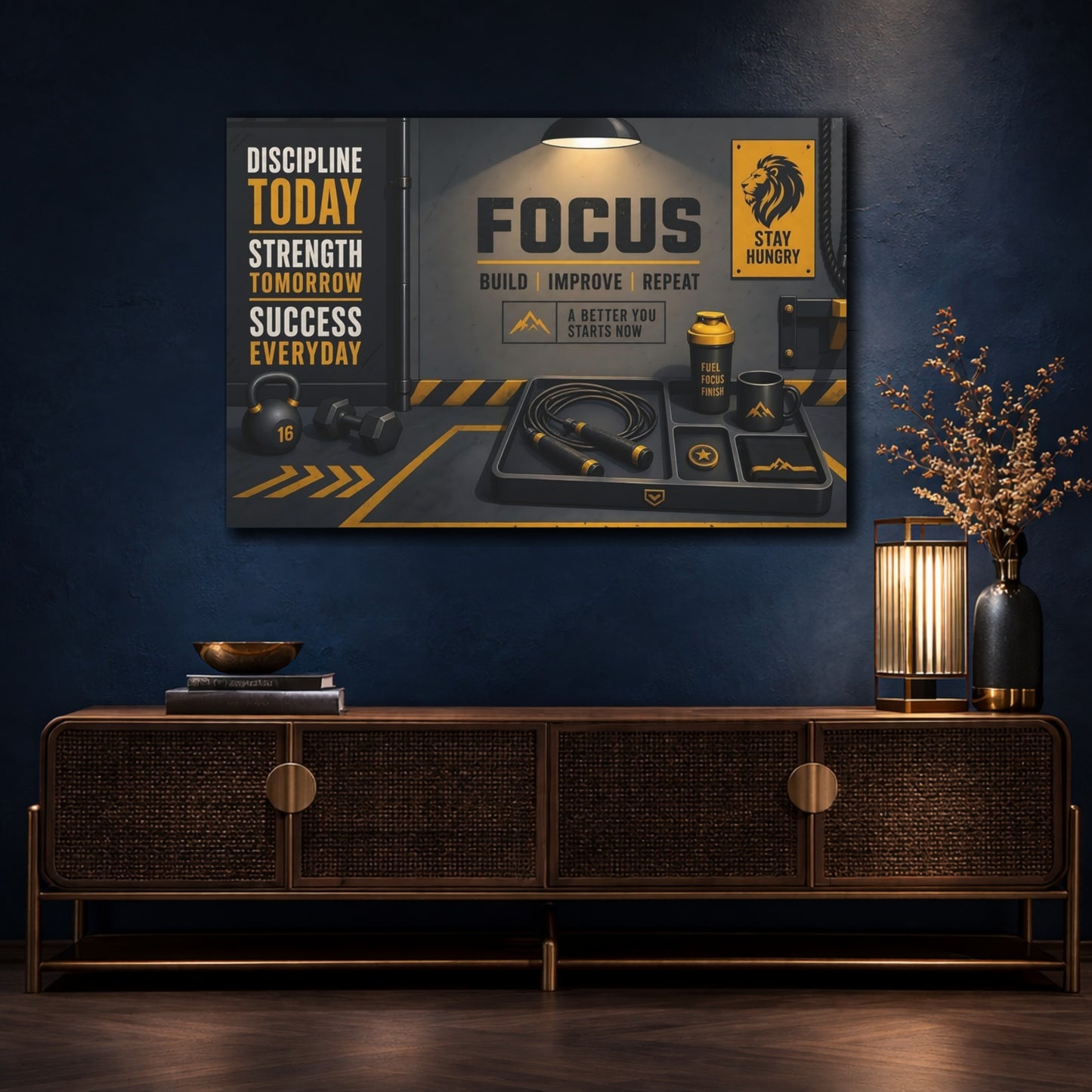 Mockup 4. Focus Gym Motivation shown as canvas print