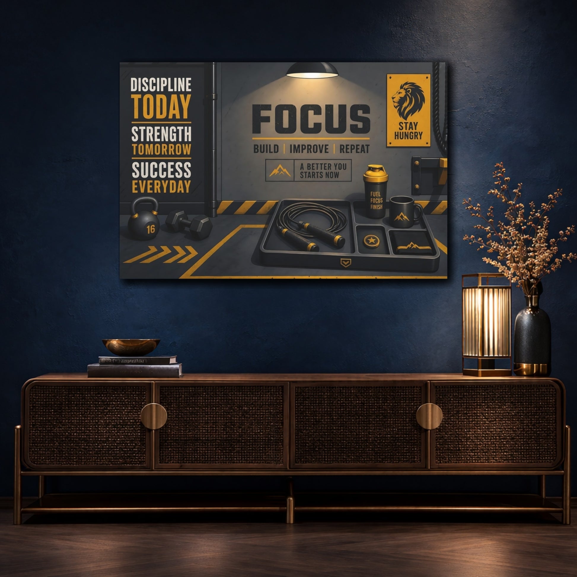 Mockup 4. Focus Gym Motivation shown as canvas print