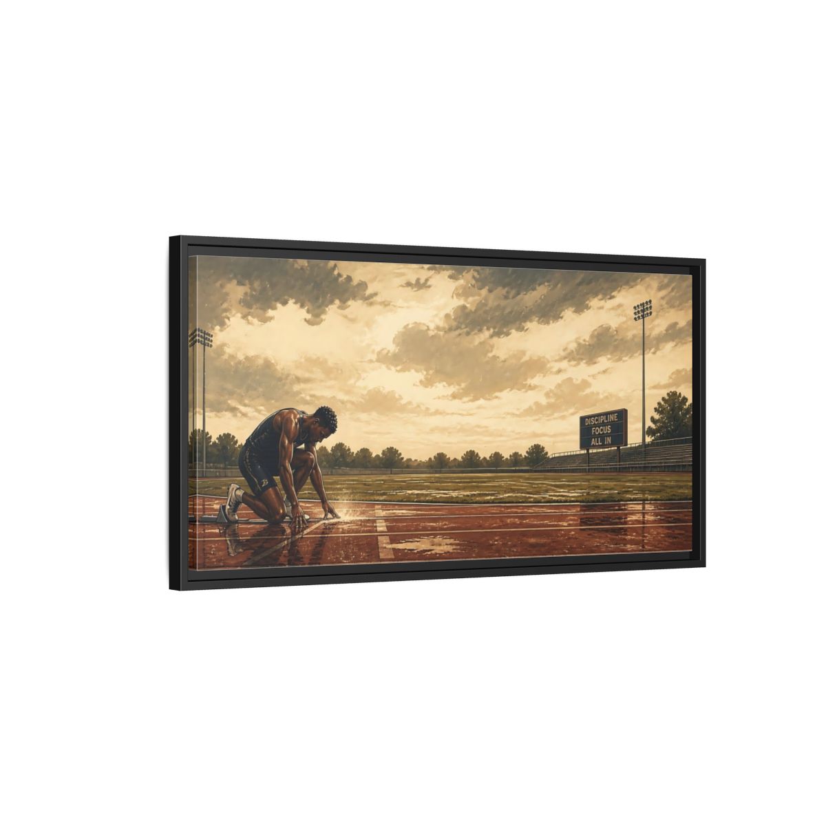 Side Mockup 2. Focused Sprinter At Start shown as framed canvas print