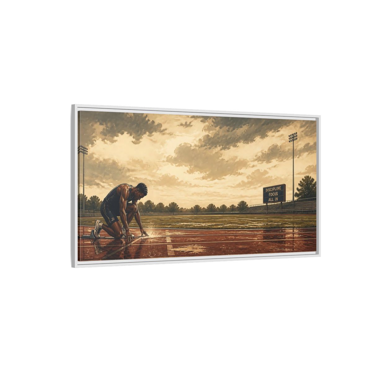Side Mockup 3. Focused Sprinter At Start shown as framed canvas print