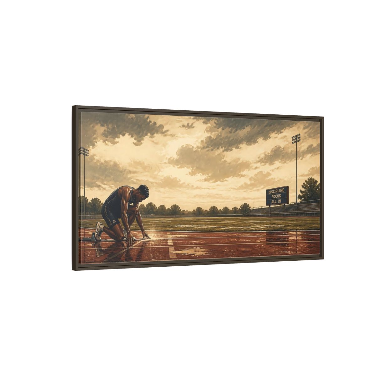 Side Mockup 4. Focused Sprinter At Start shown as framed canvas print