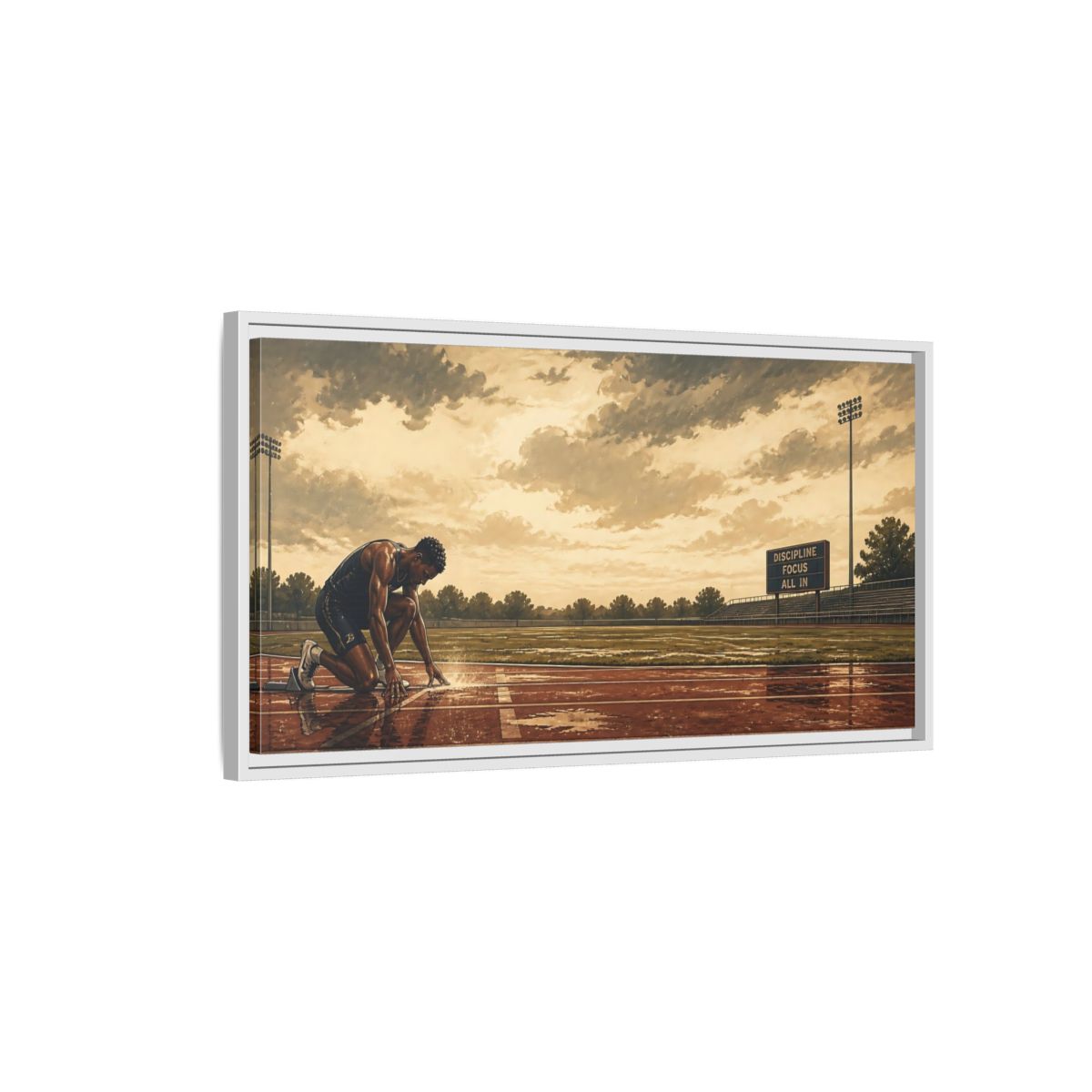 Side Mockup 1. Focused Sprinter At Start shown as framed canvas print