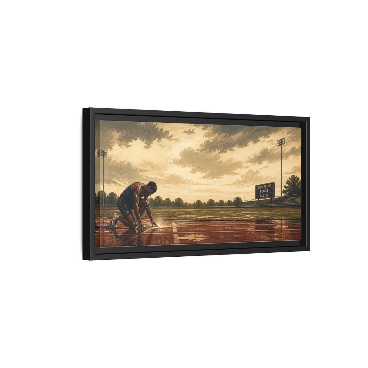 Side Mockup 8. Focused Sprinter At Start shown as framed canvas print