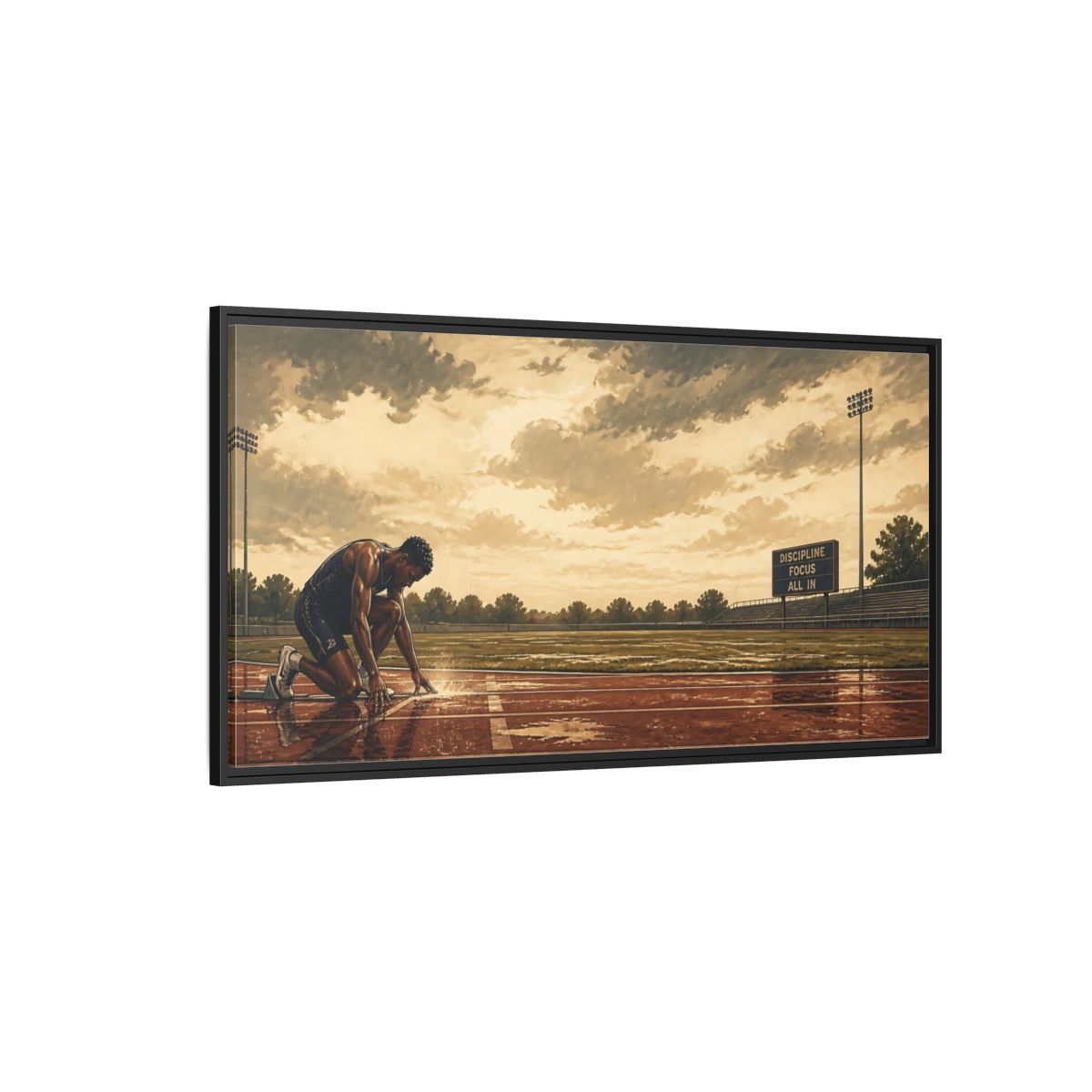 Side Mockup 5. Focused Sprinter At Start shown as framed canvas print