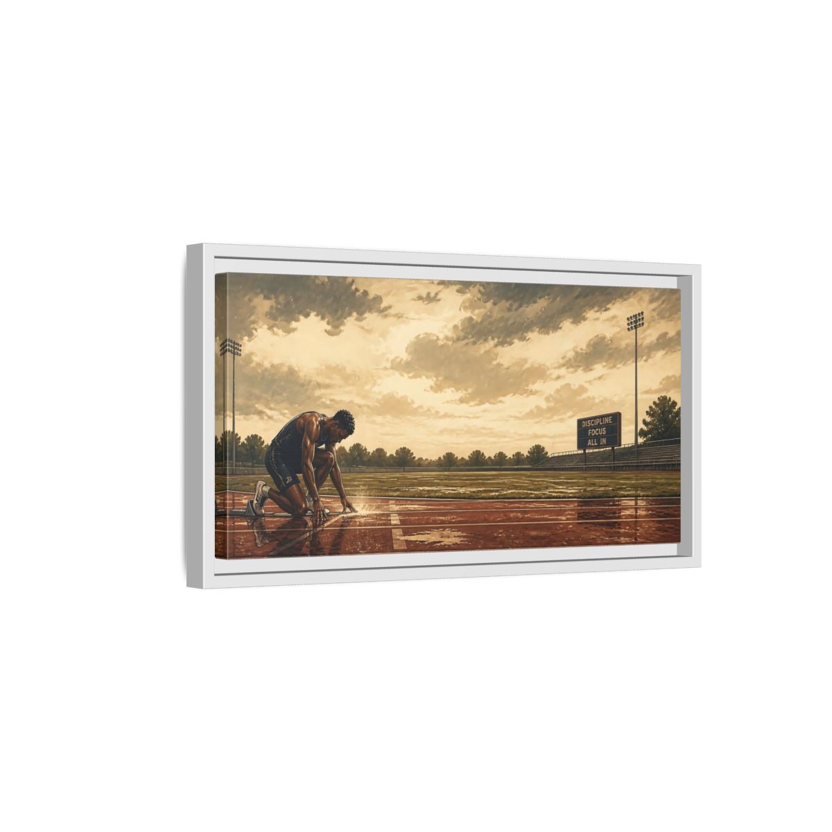 Side Mockup 6. Focused Sprinter At Start shown as framed canvas print
