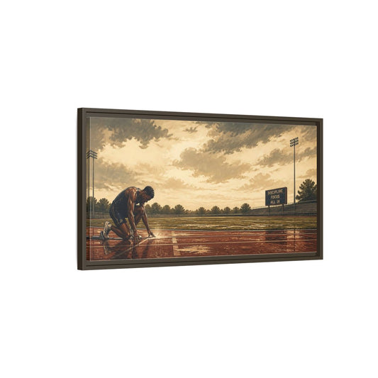 Main Mockup. Focused Sprinter At Start shown as framed canvas print