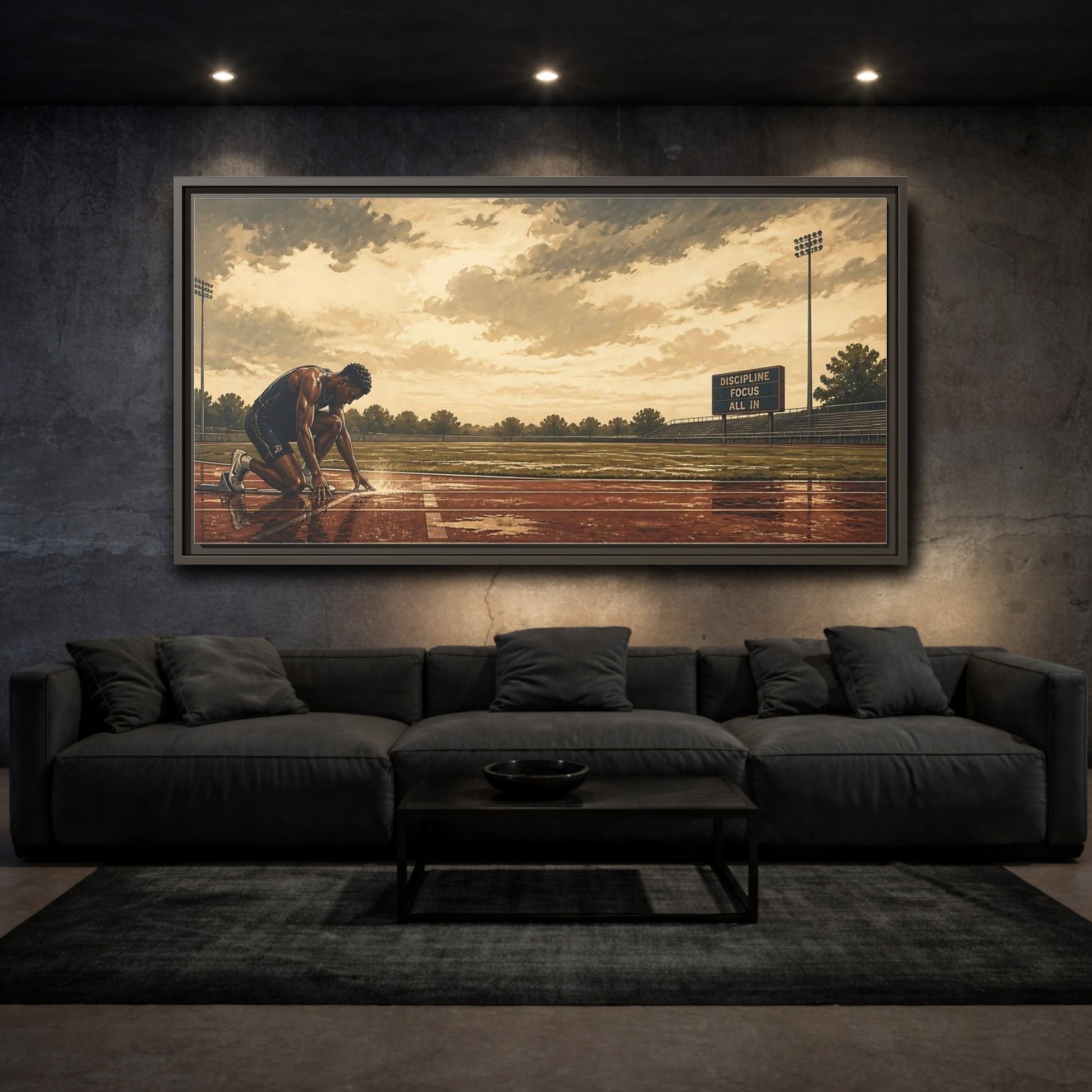 Mockup 3. Focused Sprinter At Start shown as framed canvas print