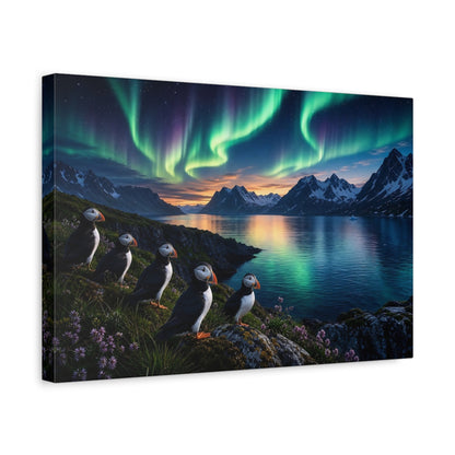Side Mockup 4. Forest Landscape Artwork Puffins Near Fjord Water In Aurora Glow shown as stretched canvas wall art