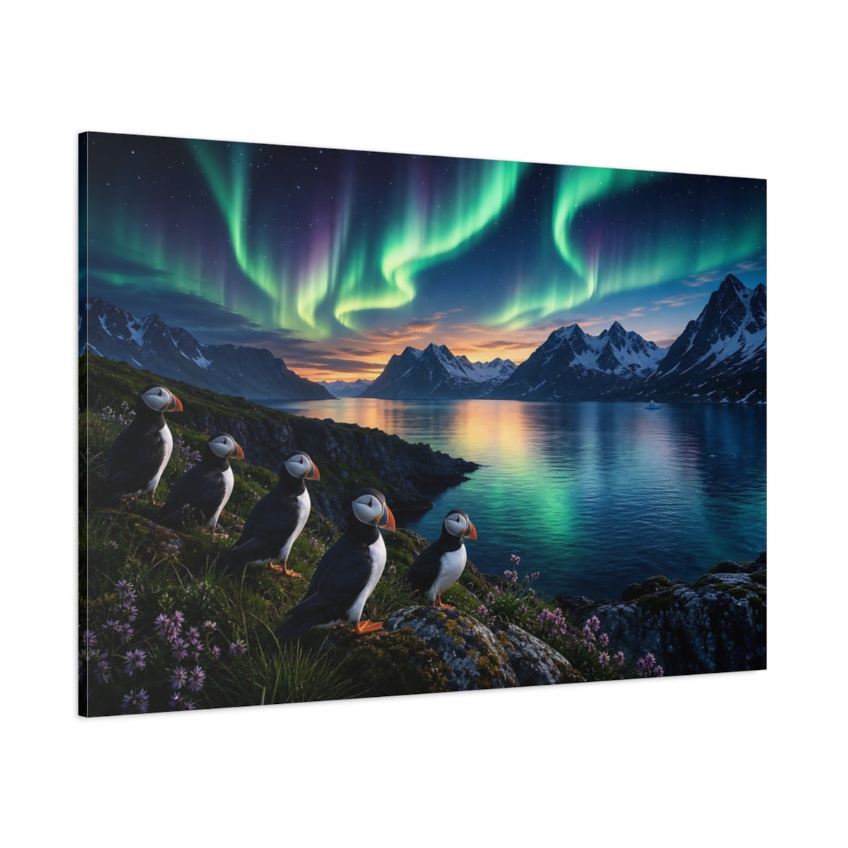 Side Mockup 1. Forest Landscape Artwork Puffins Near Fjord Water In Aurora Glow shown as stretched canvas wall art