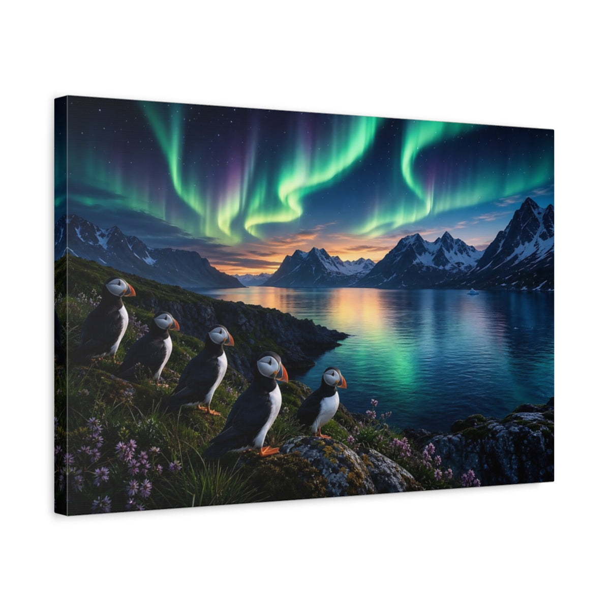 Side Mockup 3. Forest Landscape Artwork Puffins Near Fjord Water In Aurora Glow shown as stretched canvas wall art