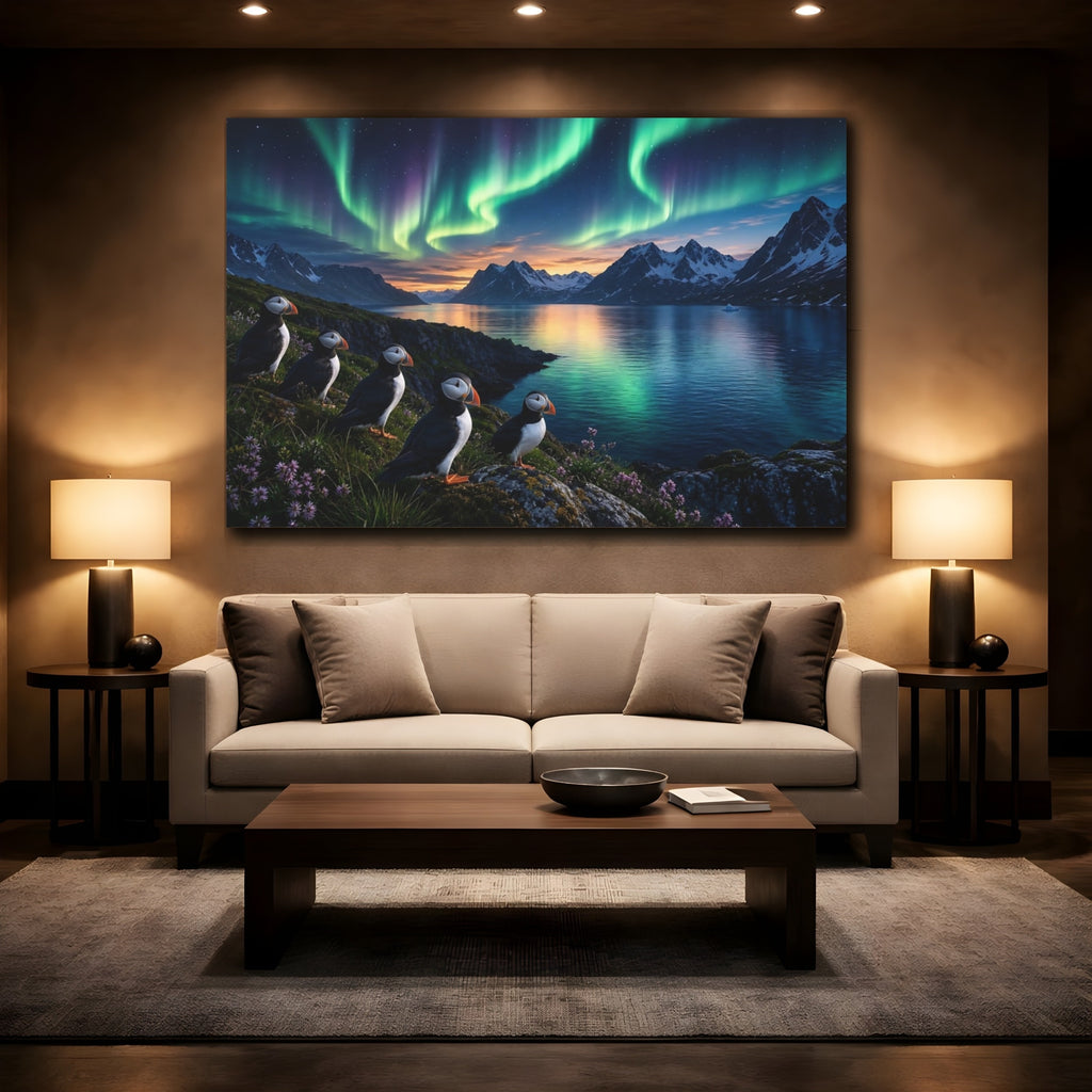 Mockup 2. Forest Landscape Artwork Puffins Near Fjord Water In Aurora Glow shown as stretched canvas wall art