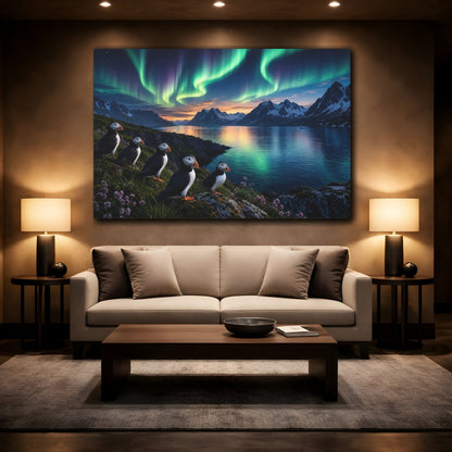 Mockup 2. Forest Landscape Artwork Puffins Near Fjord Water In Aurora Glow shown as stretched canvas wall art