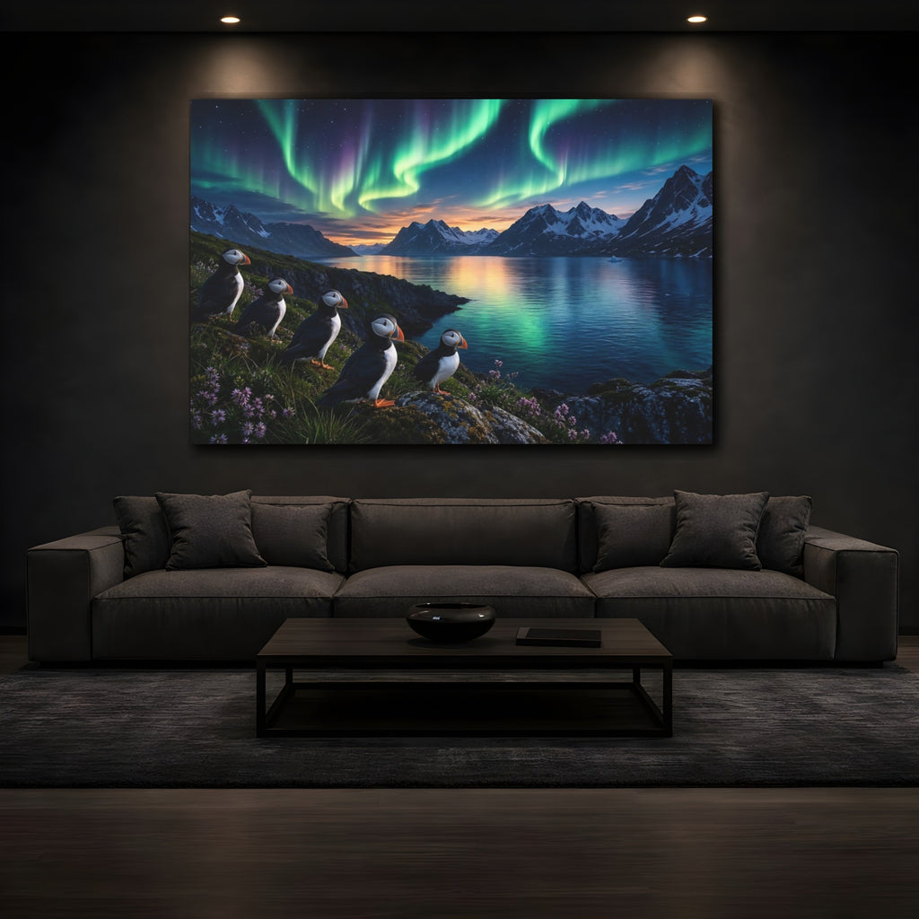 Mockup 3. Forest Landscape Artwork Puffins Near Fjord Water In Aurora Glow shown as stretched canvas wall art