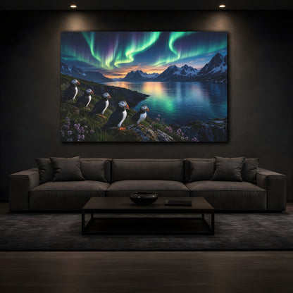 Mockup 3. Forest Landscape Artwork Puffins Near Fjord Water In Aurora Glow shown as stretched canvas wall art
