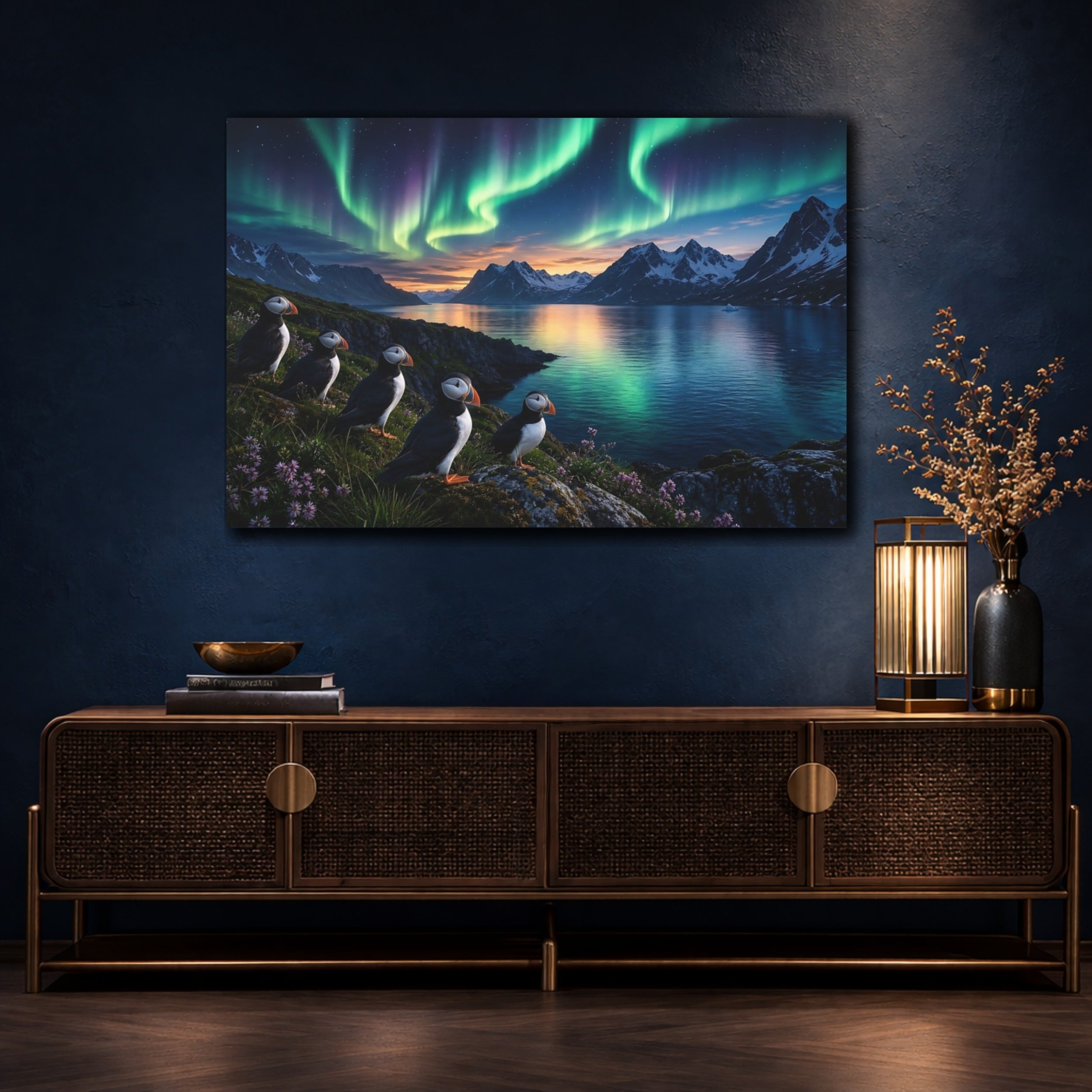 Mockup 4. Forest Landscape Artwork Puffins Near Fjord Water In Aurora Glow shown as stretched canvas wall art