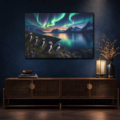 Mockup 4. Forest Landscape Artwork Puffins Near Fjord Water In Aurora Glow shown as stretched canvas wall art