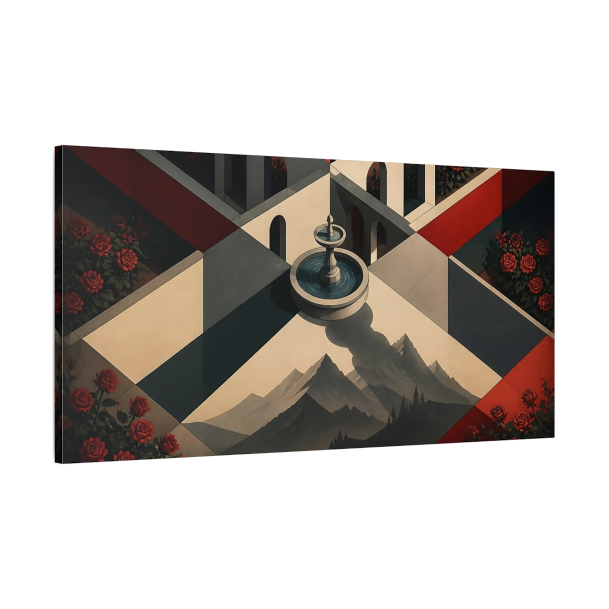 Main Mockup. Fountain Illusion Courtyard shown as canvas print