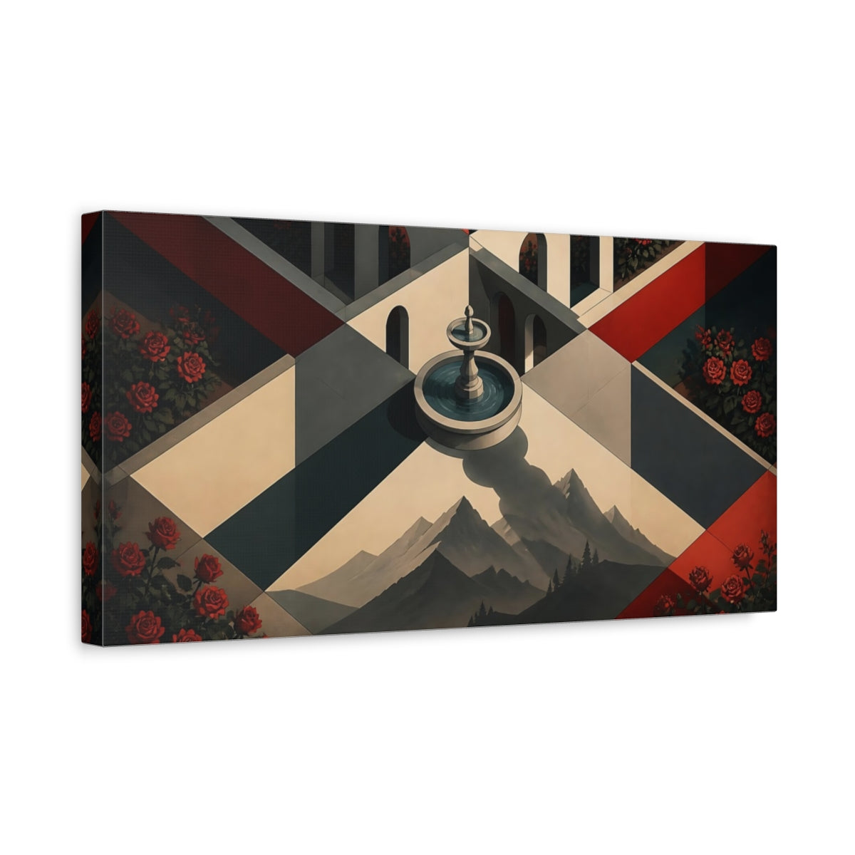 Side Mockup 3. Fountain Illusion Courtyard shown as canvas print