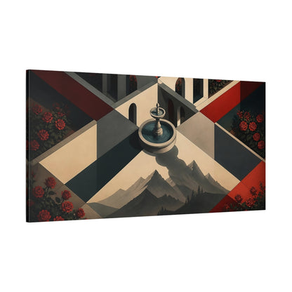 Side Mockup 2. Fountain Illusion Courtyard shown as canvas print