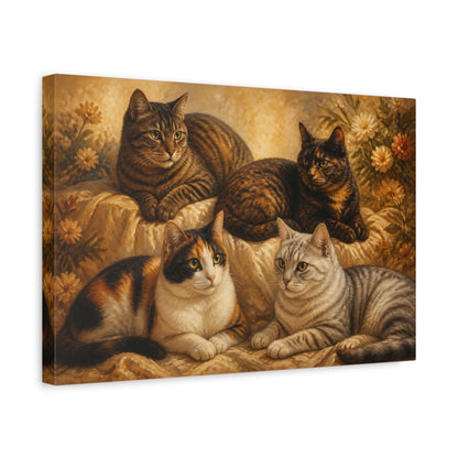 Side Mockup 4. Four Cozy Cats shown as canvas print
