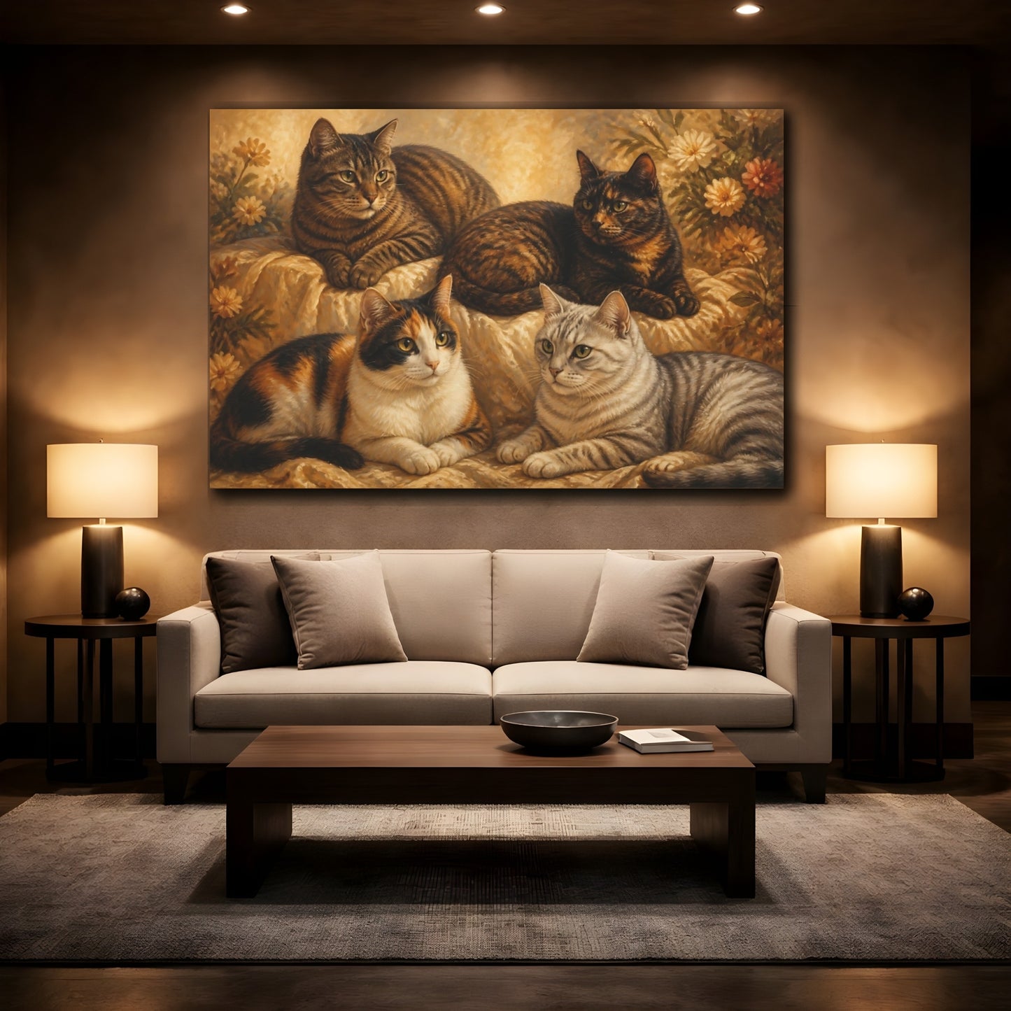Mockup 2. Four Cozy Cats shown as canvas print