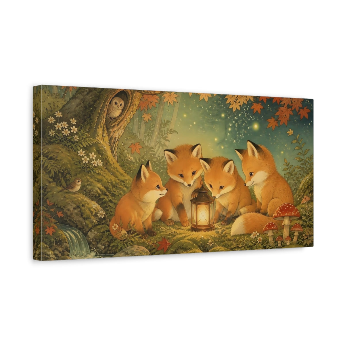 Side Mockup 3. Fox Kits Around Lantern shown as canvas print