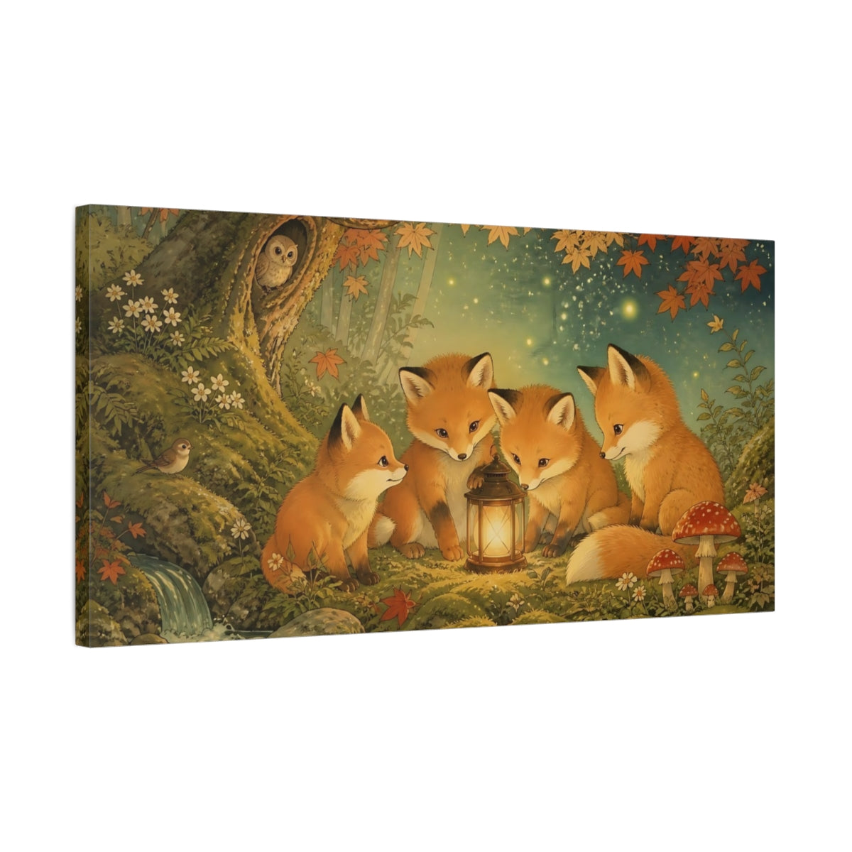 Side Mockup 1. Fox Kits Around Lantern shown as canvas print