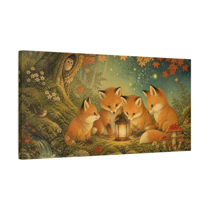 Side Mockup 1. Fox Kits Around Lantern shown as canvas print