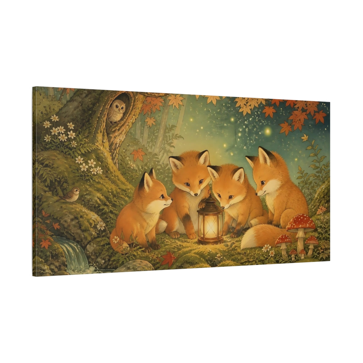 Side Mockup 2. Fox Kits Around Lantern shown as canvas print