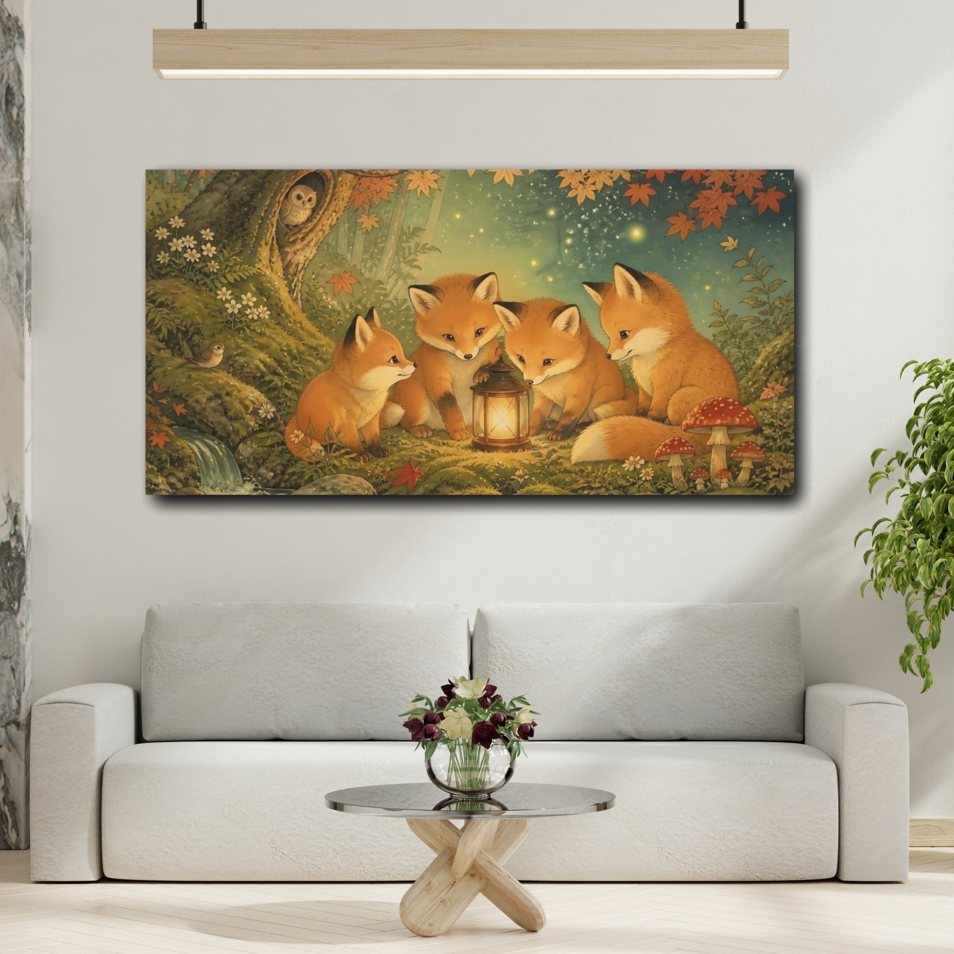 Mockup 2. Fox Kits Around Lantern shown as canvas print