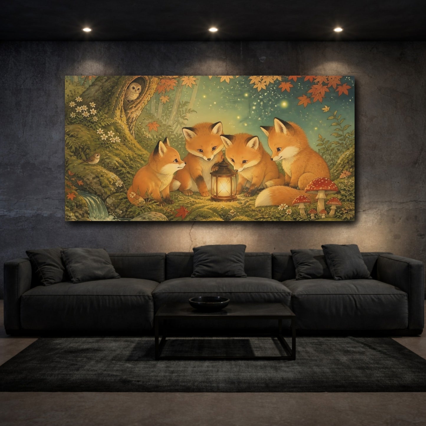 Mockup 3. Fox Kits Around Lantern shown as canvas print