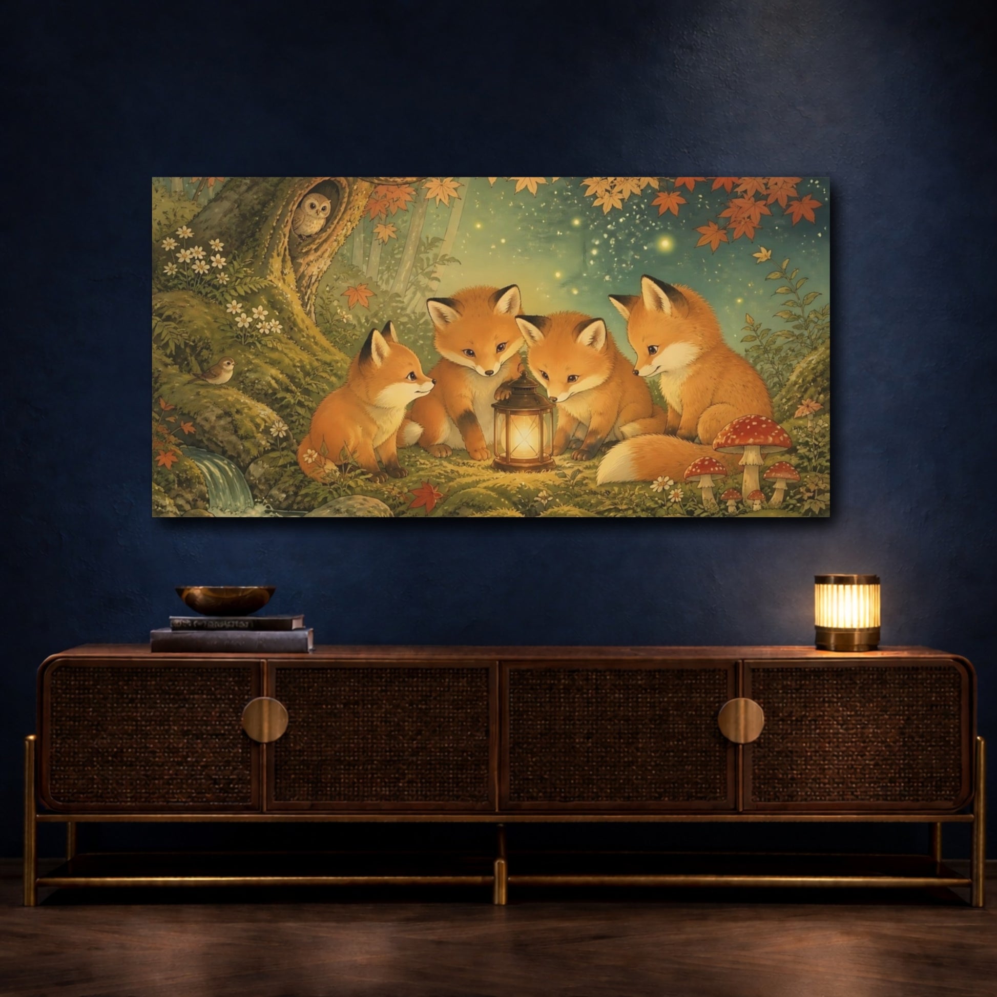 Mockup 4. Fox Kits Around Lantern shown as canvas print