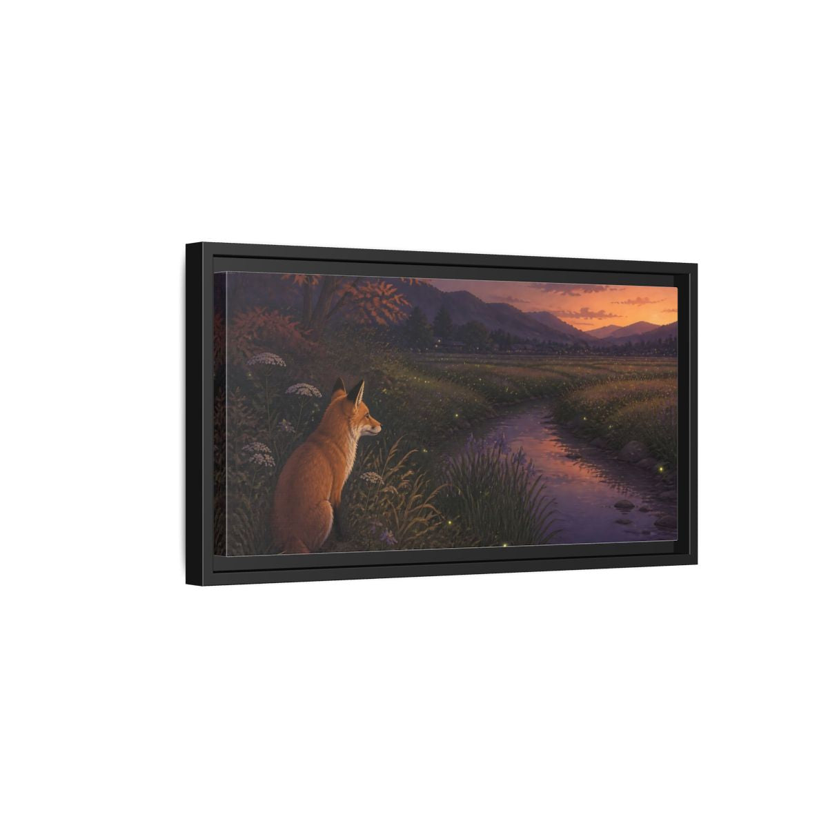 Side Mockup 8. Fox Watching Fireflies shown as framed canvas print