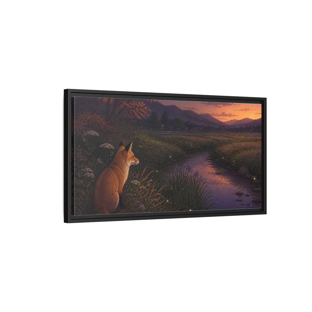 Side Mockup 2. Fox Watching Fireflies shown as framed canvas print
