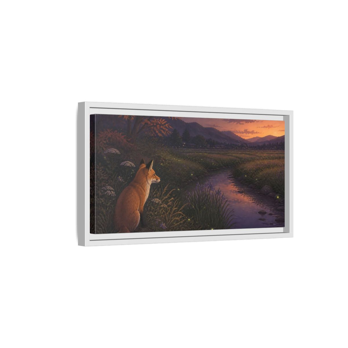 Side Mockup 6. Fox Watching Fireflies shown as framed canvas print