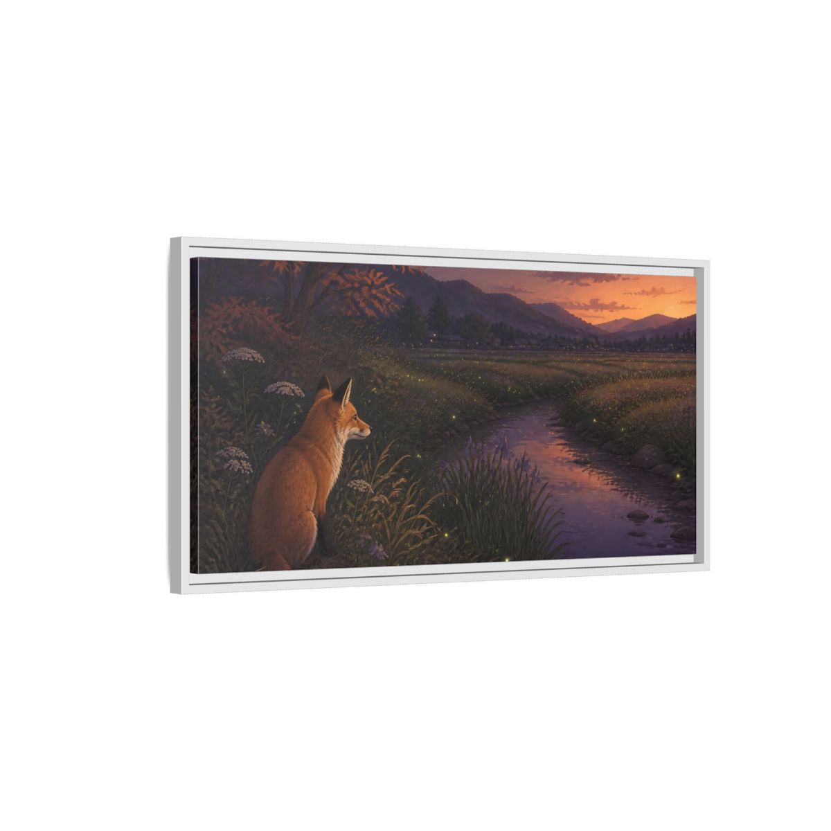 Side Mockup 1. Fox Watching Fireflies shown as framed canvas print