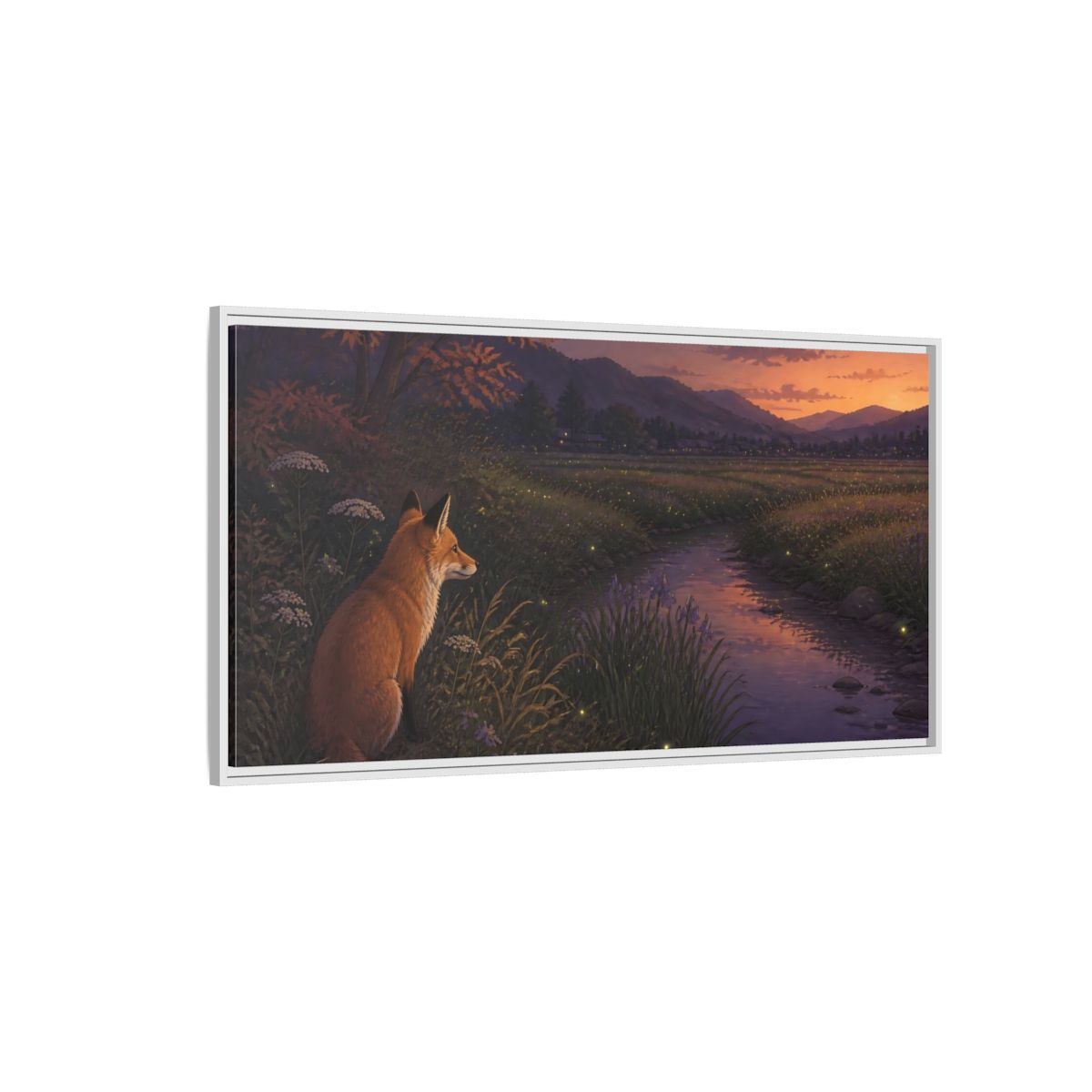 Side Mockup 3. Fox Watching Fireflies shown as framed canvas print