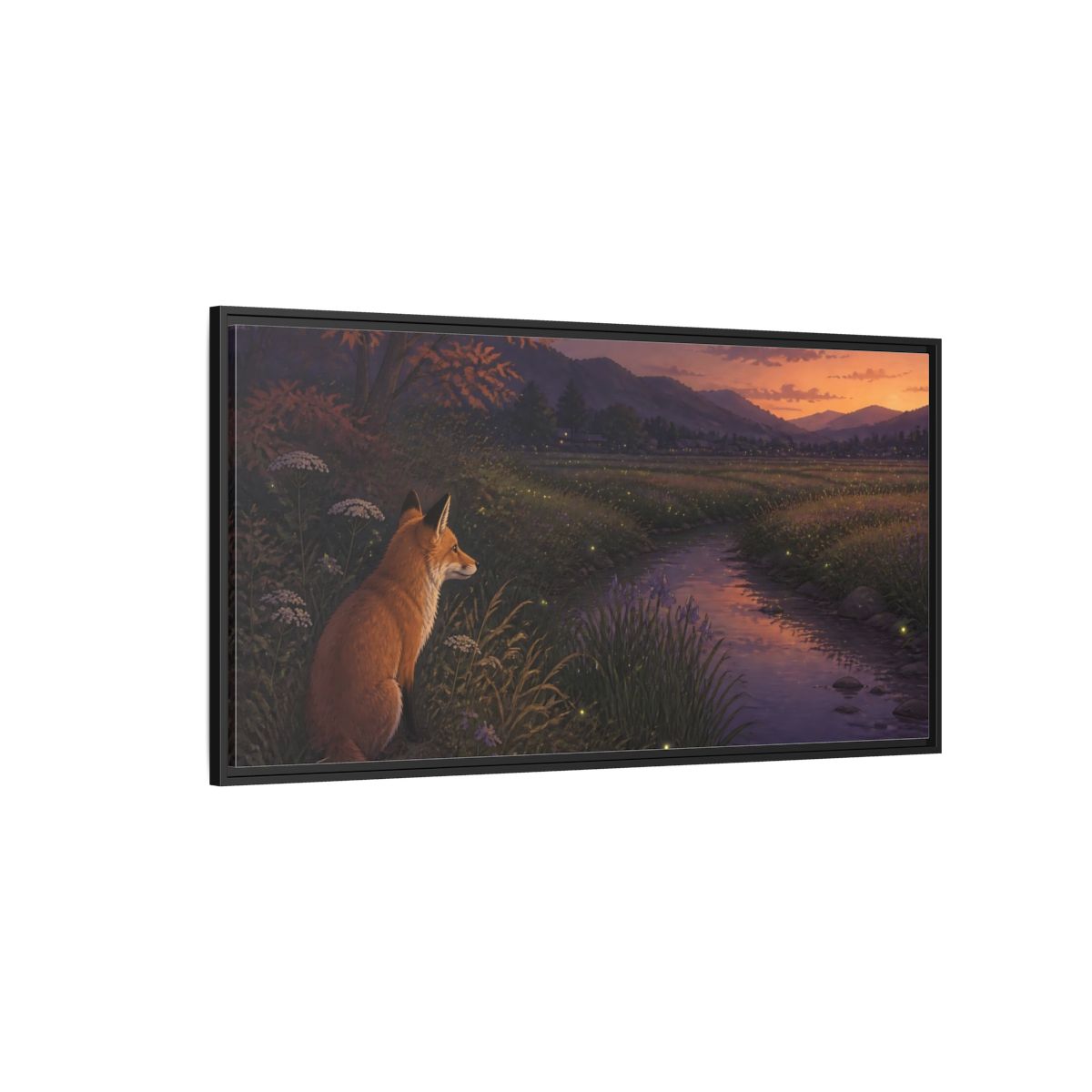 Side Mockup 5. Fox Watching Fireflies shown as framed canvas print