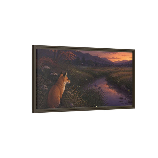 Main Mockup. Fox Watching Fireflies shown as framed canvas print