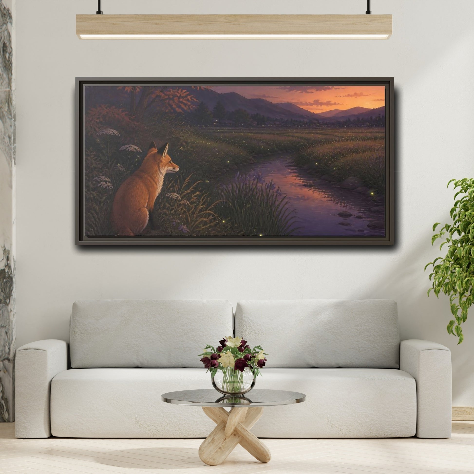 Mockup 2. Fox Watching Fireflies shown as framed canvas print