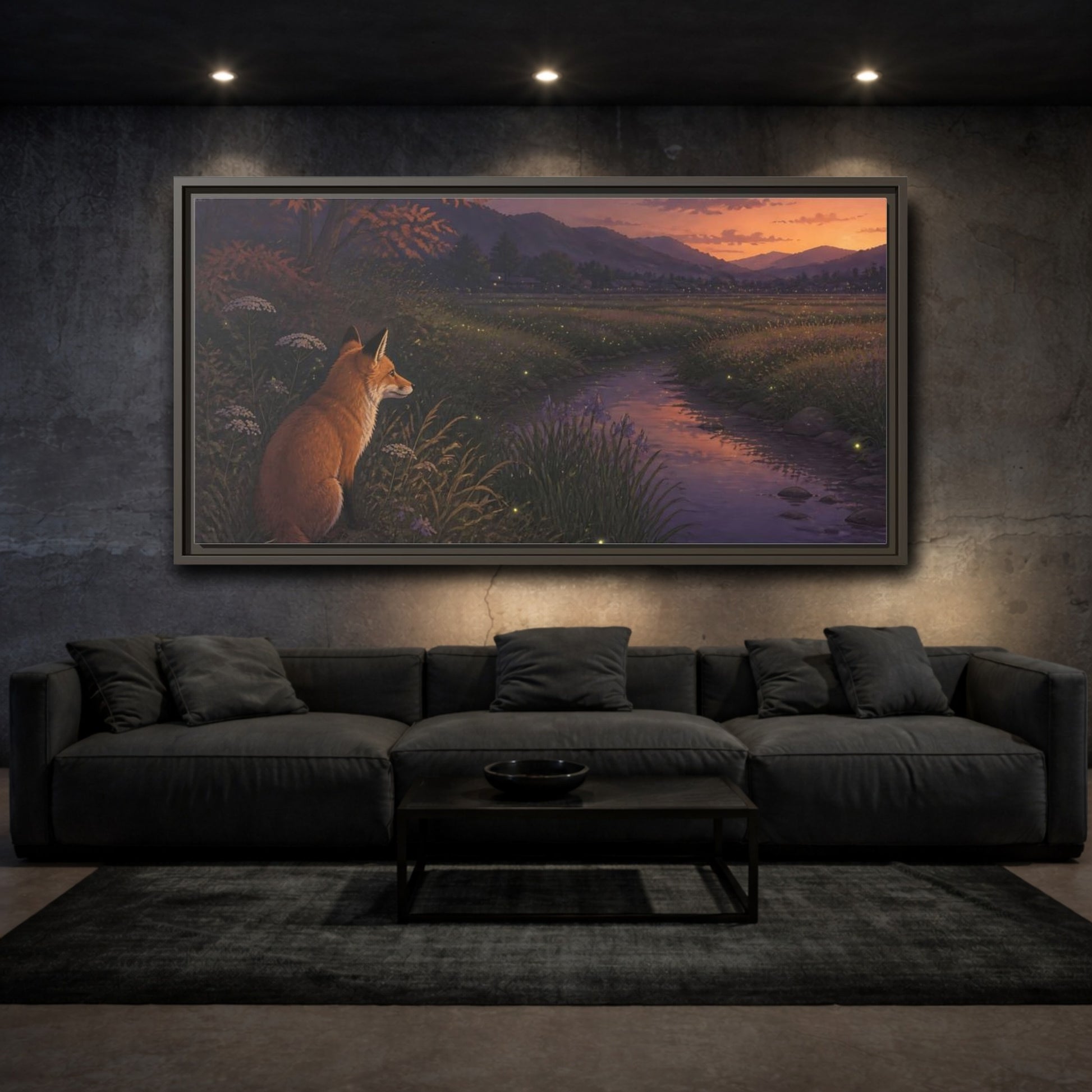 Mockup 3. Fox Watching Fireflies shown as framed canvas print