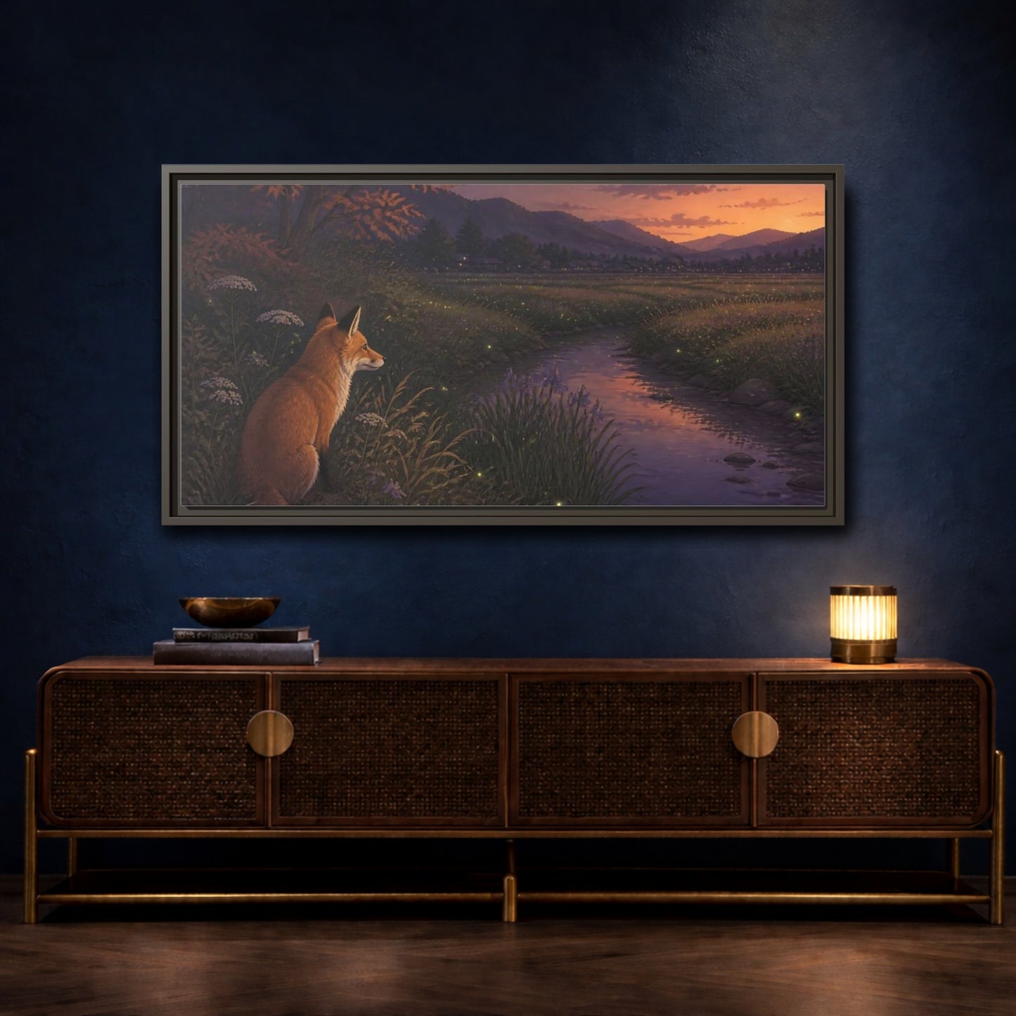 Mockup 4. Fox Watching Fireflies shown as framed canvas print