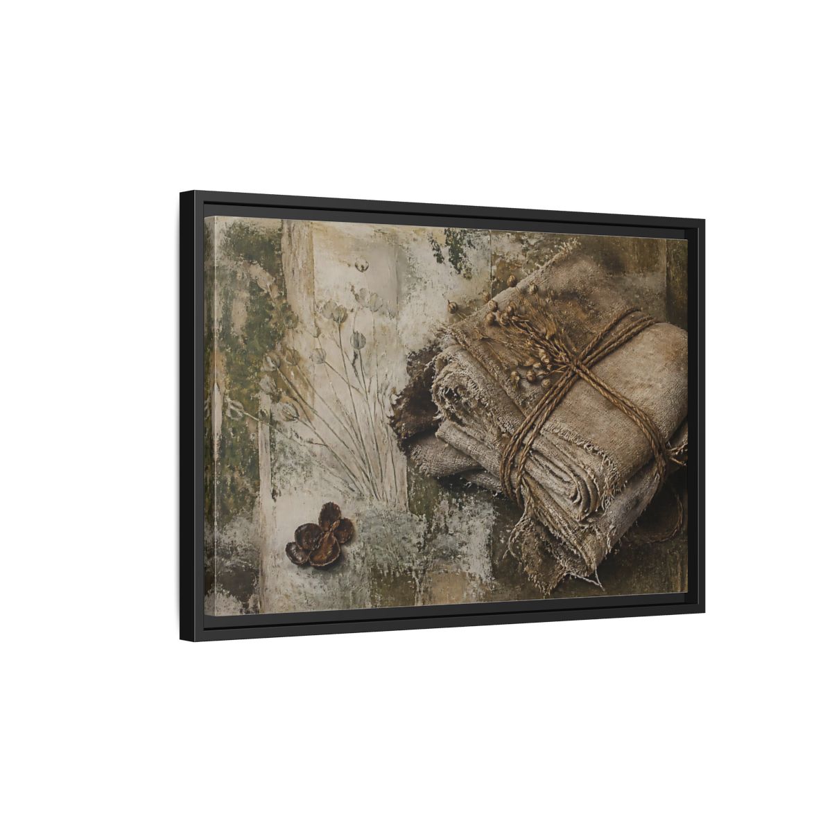 Side Mockup 3. Frayed Linen Bundle With Pods shown as framed canvas print