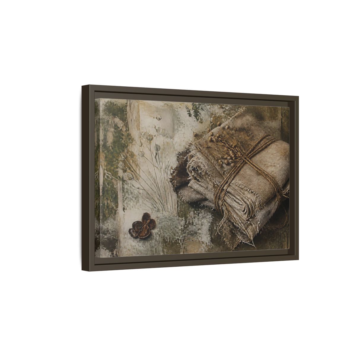 Side Mockup 5. Frayed Linen Bundle With Pods shown as framed canvas print
