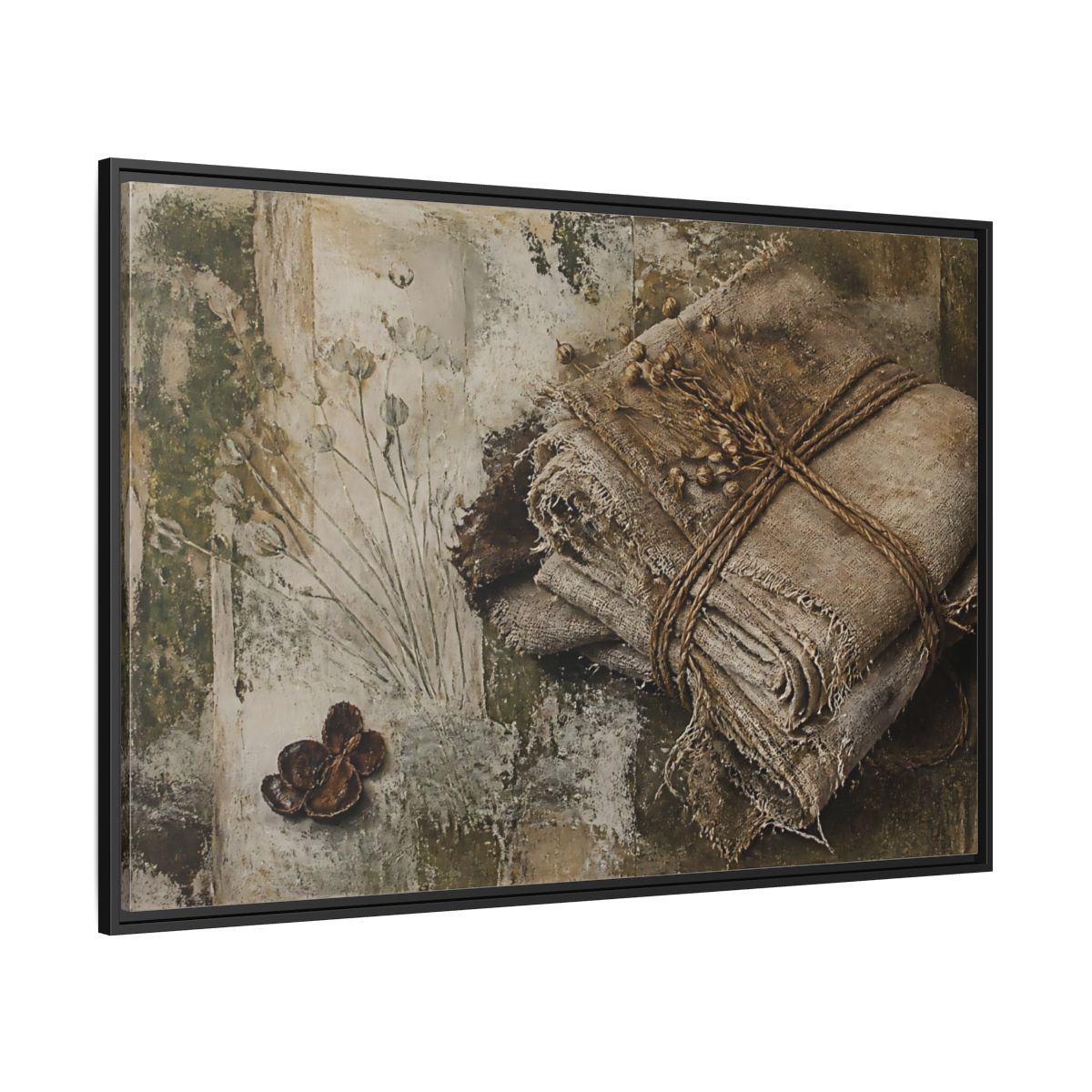 Side Mockup 12. Frayed Linen Bundle With Pods shown as framed canvas print