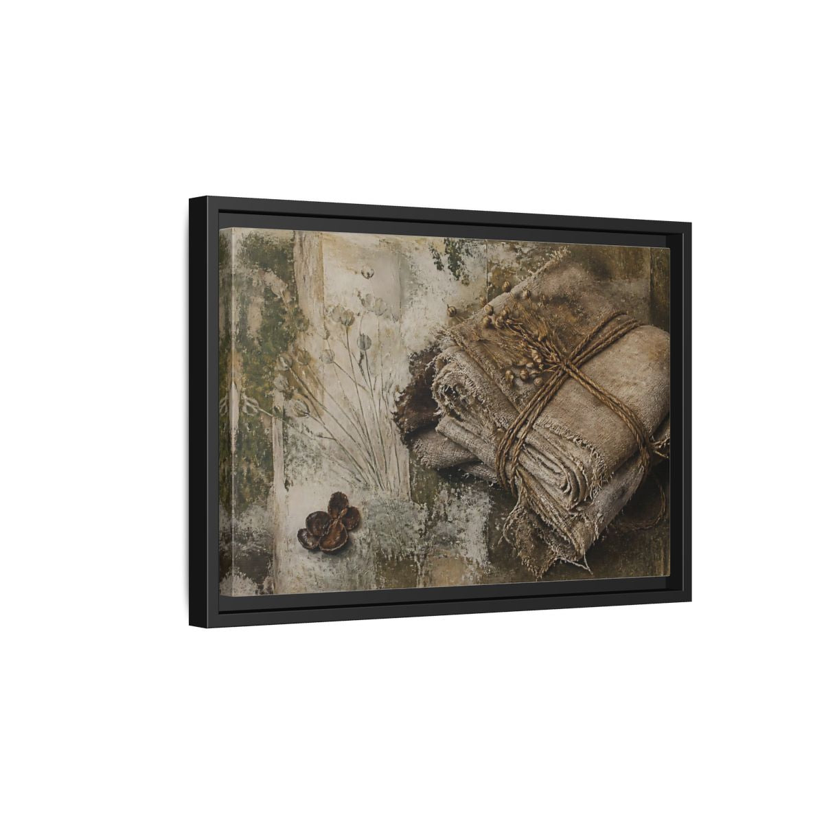 Side Mockup 6. Frayed Linen Bundle With Pods shown as framed canvas print