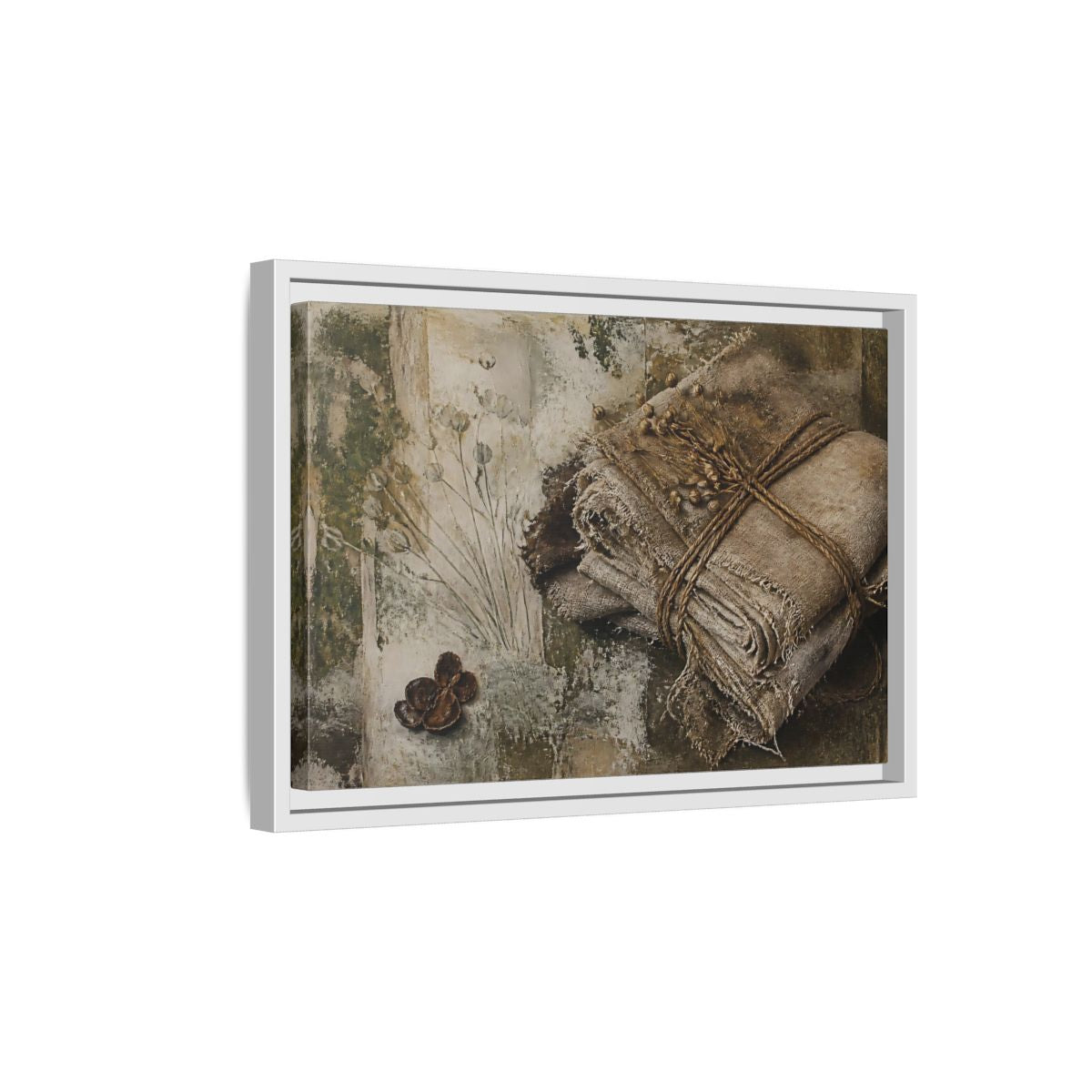 Side Mockup 4. Frayed Linen Bundle With Pods shown as framed canvas print