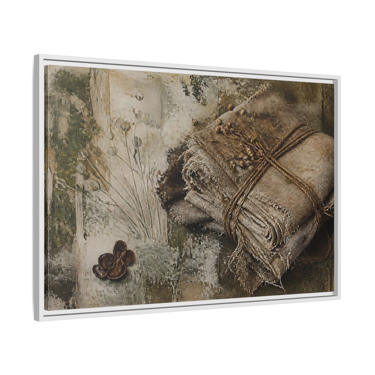 Side Mockup 9. Frayed Linen Bundle With Pods shown as framed canvas print