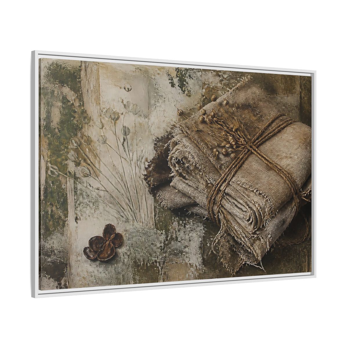 Side Mockup 7. Frayed Linen Bundle With Pods shown as framed canvas print
