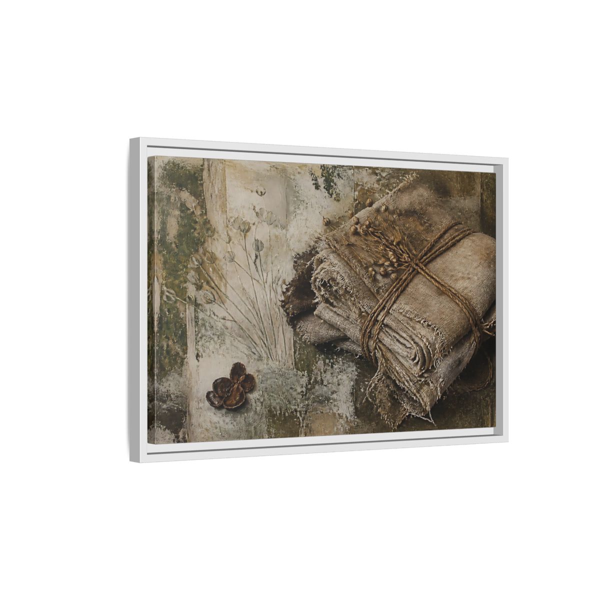 Side Mockup 1. Frayed Linen Bundle With Pods shown as framed canvas print
